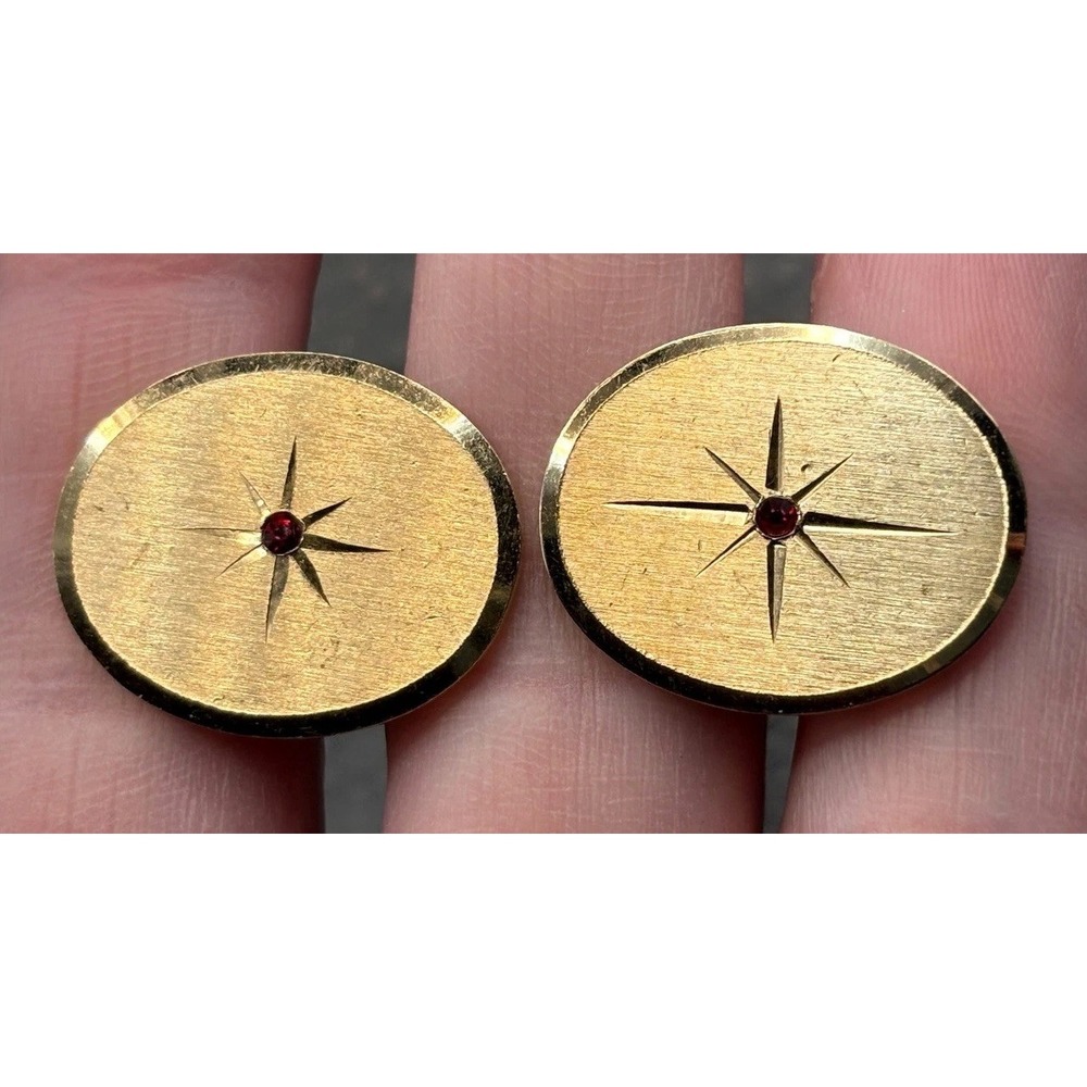 Vintage Atomic Star Modernist Cufflinks Red Crystal Center Oval Gold Tone